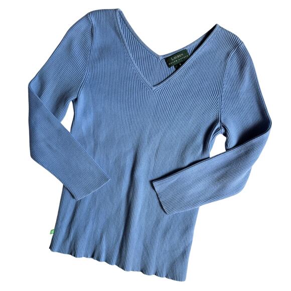 Lauren Ralph Lauren Ribbed Knit Top S Blue V-Neck Long Sleeve Minimalist Fit - Picture 1 of 6